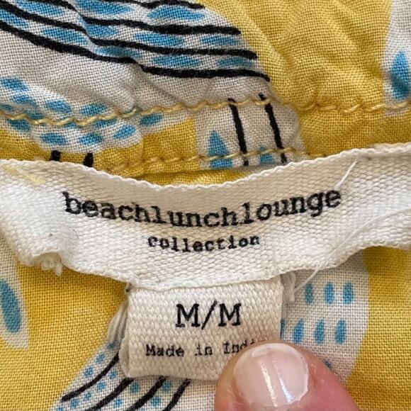 Beach Lunch Lounge Yellow Blue Long Sleeve Button Down Shirt Bird Print, M - Picture 5 of 8